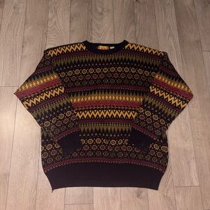 Vintage Men's Patterned Crewneck Sweater in Black with Yellow & Burgundy Accents